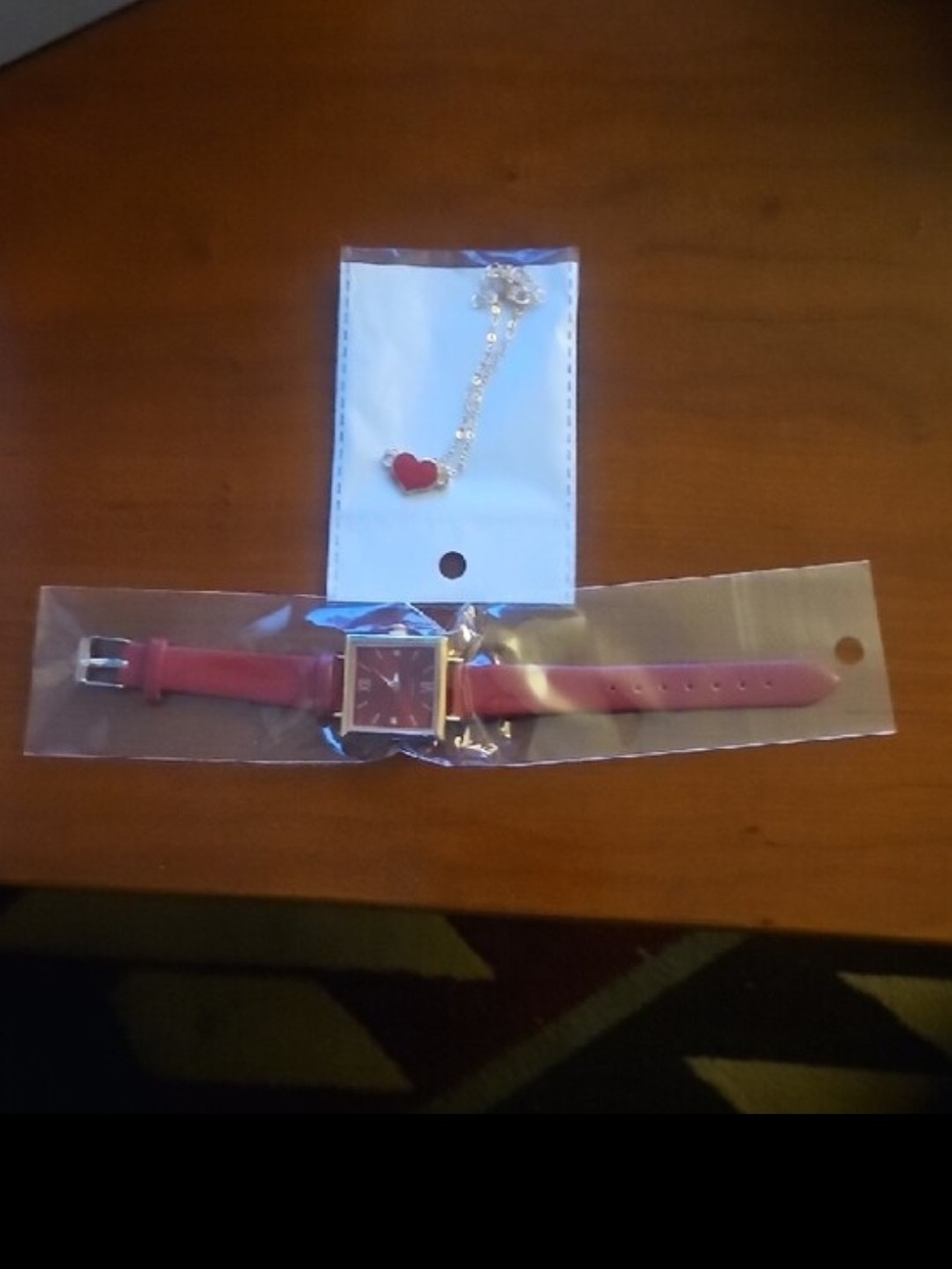 Women's Pink Square Dial Leather Strap Watch with Heart Necklace
